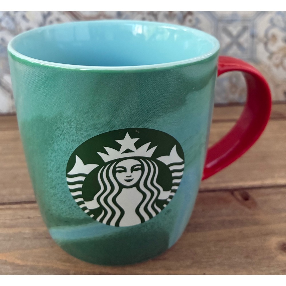 Starbucks 2024 Marble Swirl Coffee Mug 11oz Green Blue‎ Red Handle Siren Logo
